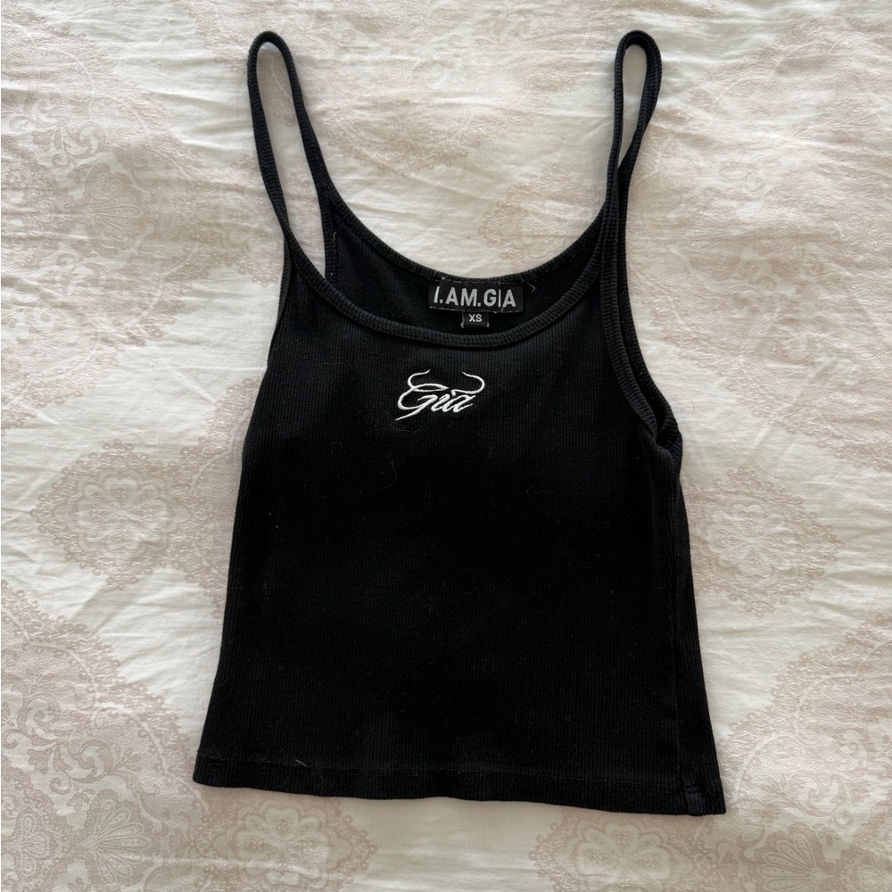 I.AM.GIA Black Ribbed Logo Camisole Tank